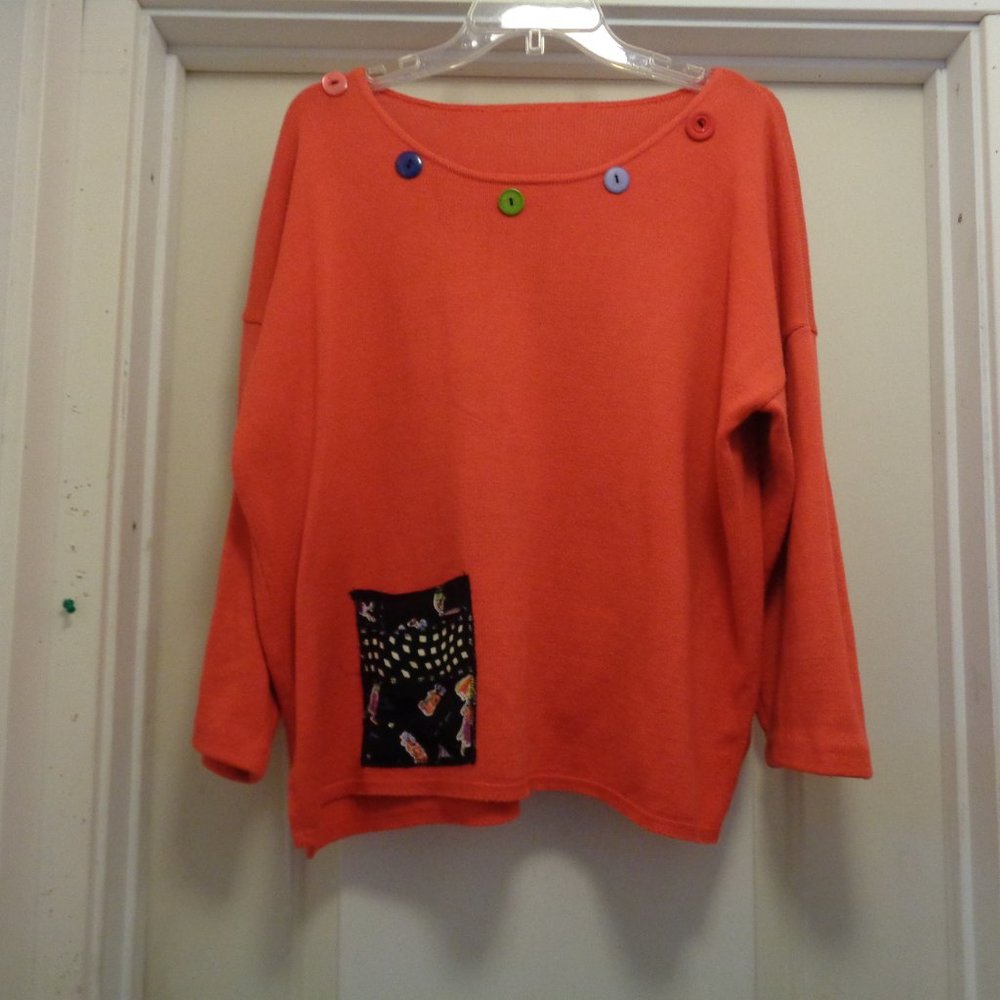 FRENCH GIRL STYLE ORANGE COTTON BLEND PATCHWORK BUTTONS SWEATER X L